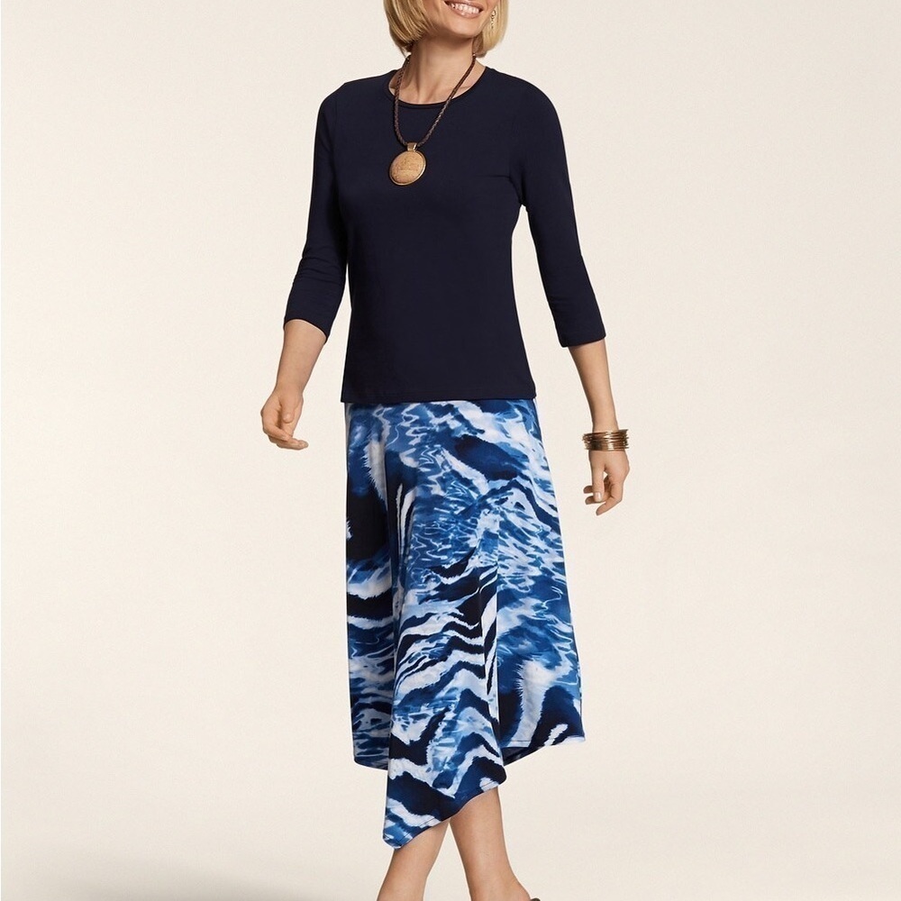 Chico’s Knit Kit Cerlean Skirt Blue Size 2/L Hankerchief Hem Swirl Twirl - Picture 3 of 6